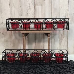 Set of 2 Halloween Themed Metal and Glass Votive Holders in Black Metal and Red
